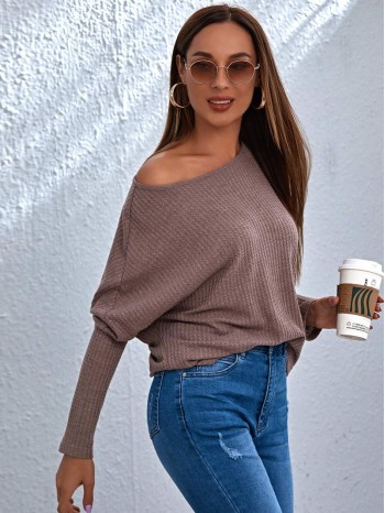 Off Shoulder Rib-knit Solid Top