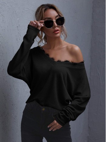 Drop Shoulder Lace Trim Tee