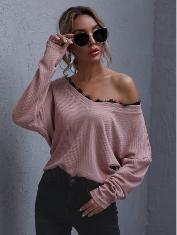 Drop Shoulder Lace Trim Tee