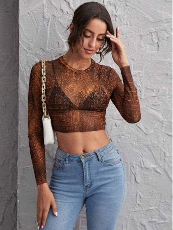 Snakeskin Mesh Crop Top Without Bra