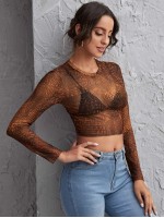 Snakeskin Mesh Crop Top Without Bra