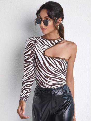 Asymmetrical Neck Zebra Striped Top