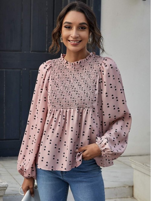 Lantern Sleeve Shirred Yoke Heart Print Top