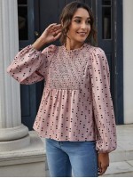 Lantern Sleeve Shirred Yoke Heart Print Top