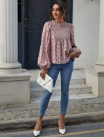 Lantern Sleeve Shirred Yoke Heart Print Top