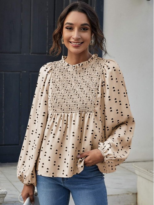 Lantern Sleeve Shirred Yoke Heart Print Top