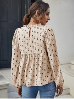 Lantern Sleeve Shirred Yoke Heart Print Top