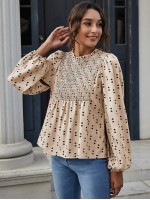 Lantern Sleeve Shirred Yoke Heart Print Top