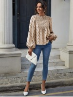 Lantern Sleeve Shirred Yoke Heart Print Top