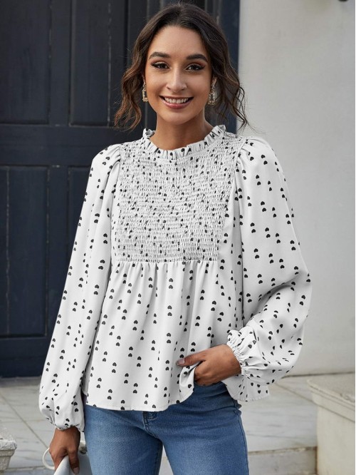 Lantern Sleeve Shirred Yoke Heart Print Top