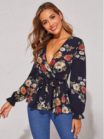 Floral Print Self-Tie Belted Top