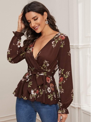 Floral Print Belted Peplum Top