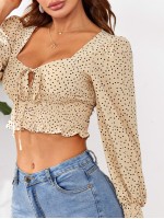 Shirred Hem Knotted Polka-dot Print Top