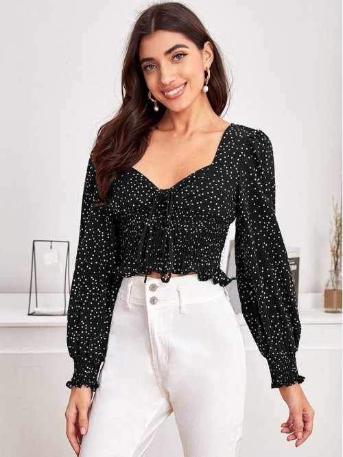 Tie Front Shirred Polka-dot Print Top