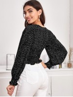 Tie Front Shirred Polka-dot Print Top