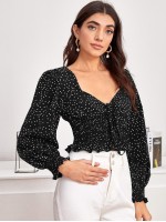 Tie Front Shirred Polka-dot Print Top