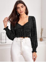 Tie Front Shirred Polka-dot Print Top