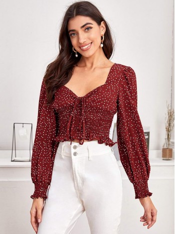 Tie Front Shirred Polka-dot Print Top