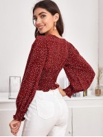 Tie Front Shirred Polka-dot Print Top