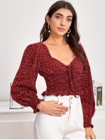 Tie Front Shirred Polka-dot Print Top