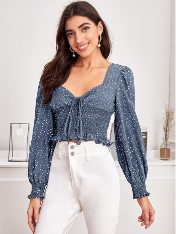 Tie Front Shirred Polka-dot Print Top