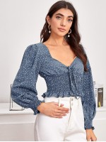 Tie Front Shirred Polka-dot Print Top