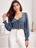 Tie Front Shirred Polka-dot Print Top