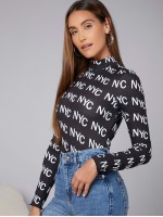 Mock-neck Letter Graphic Tee