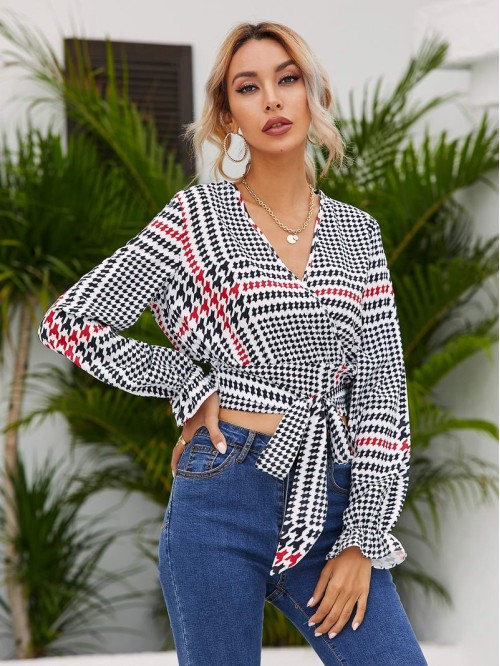 Houndstooth Plaid Surplice Front Belted Crop Blouse