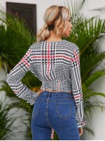 Houndstooth Plaid Surplice Front Belted Crop Blouse