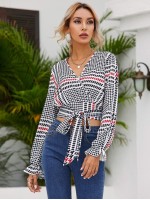 Houndstooth Plaid Surplice Front Belted Crop Blouse