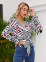 Houndstooth Plaid Surplice Front Belted Crop Blouse