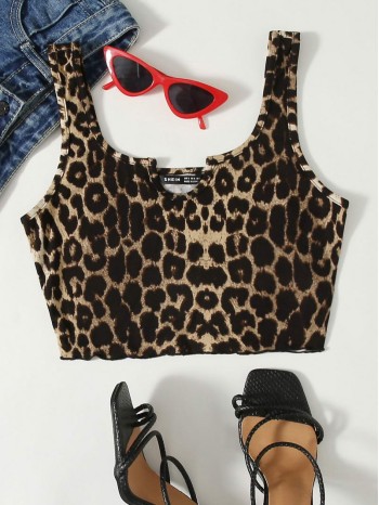 Notch Neck Leopard Crop Tank Top