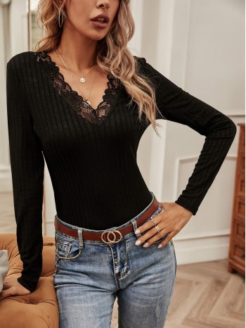 Contrast Lace Rib Knit Tee