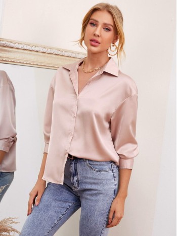 Drop Shoulder Solid Satin Blouse