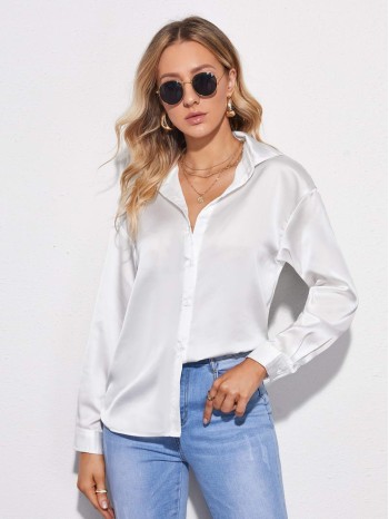 Drop Shoulder Button Front Satin Blouse