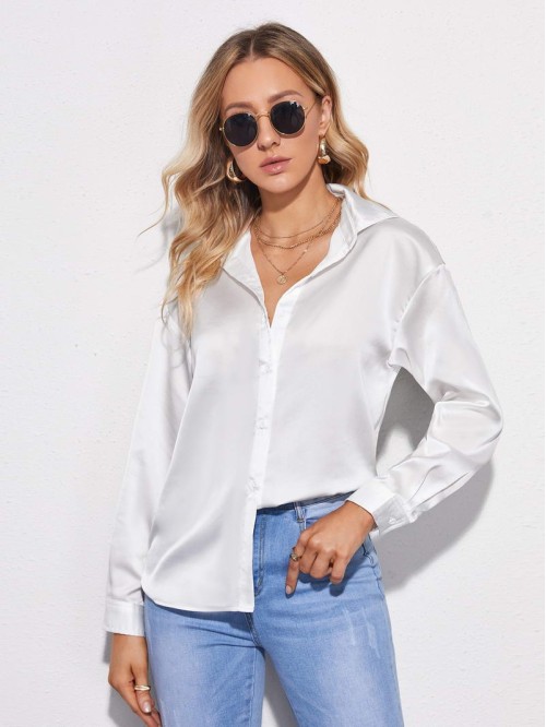 Drop Shoulder Button Front Satin Blouse