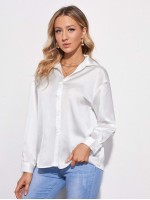 Drop Shoulder Button Front Satin Blouse