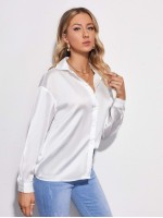 Drop Shoulder Button Front Satin Blouse