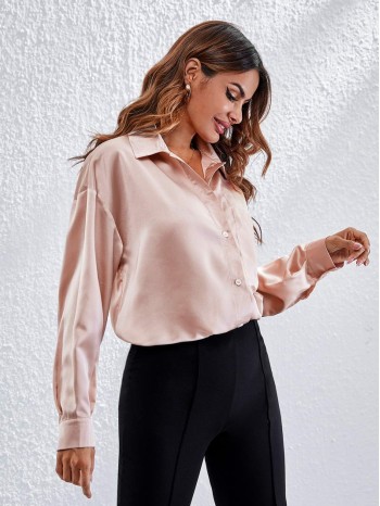 Drop Shoulder Patch Pocket Satin Blouse