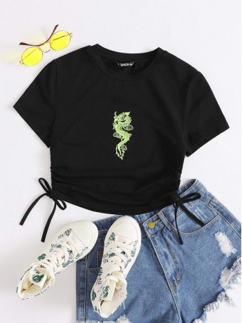 Dragon Print Drawstring Side Tee