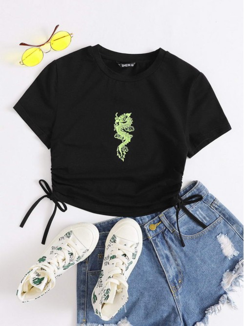 Dragon Print Drawstring Side Tee