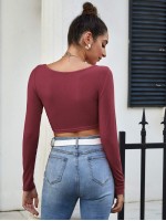 Twist Front Rib-knit Crop Tee