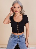 Contrast Leopard Binding Button Up Crop Top