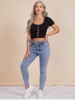 Contrast Leopard Binding Button Up Crop Top