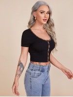 Contrast Leopard Binding Button Up Crop Top