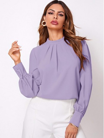 Stand Collar Puff Sleeve Solid Blouse