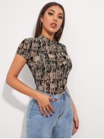 Mock-neck Marble Mesh Top Without Bra