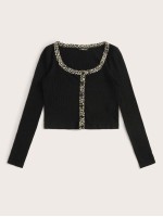 Button Front Contrast Leopard Trim Rib-knit Top