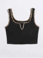 Contrast Binding Notch Neck Rib-knit Tank Top